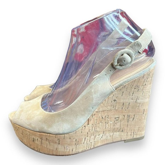 $395 Veronica Beard Women's Beige Dali Peep Toe Platform Wedge Sandal Shoes 7 - Picture 2 of 9
